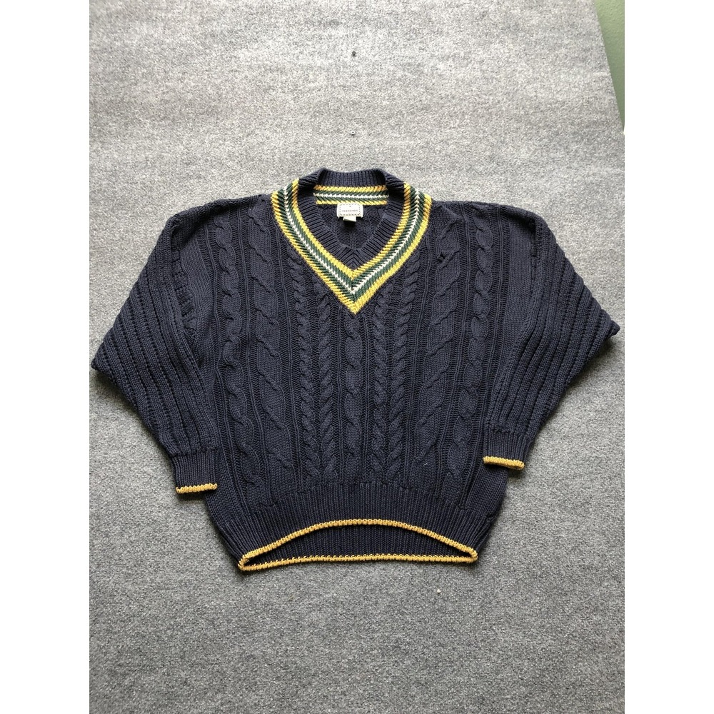 Vintage Sweater Mens XL Blue Cable Knit V Neck Heavyweight Preppy Cricket